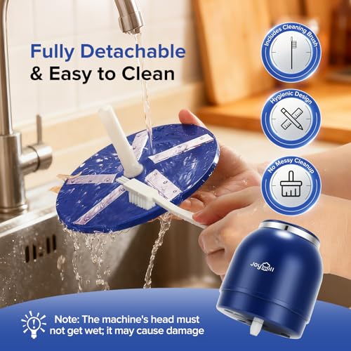 Blue cleaning brush with detachable head being rinsed under running water in a kitchen sink.