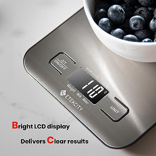 Digital kitchen scale with a bowl of blueberries on a light surface, featuring ETECANTY branding.