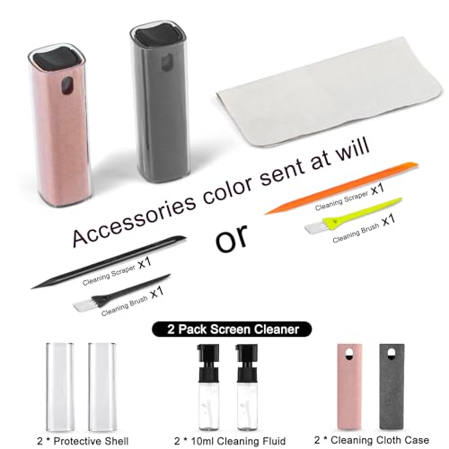 Collection of electronic cleaning accessories with text indicating color options and included items.