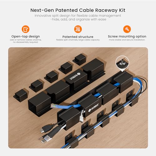 Next-Gen Patented Cable Raceway Kit on a wooden surface with cable management features.
