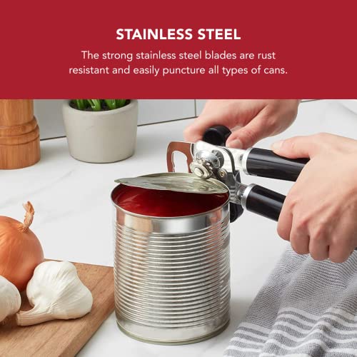 Person using a can opener on a can with a red banner about stainless steel blades.