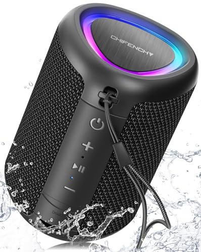 Black portable speaker with colorful LED ring on a water splash background