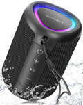 Black portable speaker with colorful LED ring on a water splash background
