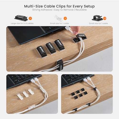 Multi-size cable clips for organizing cables on a desk with text highlighting features.
