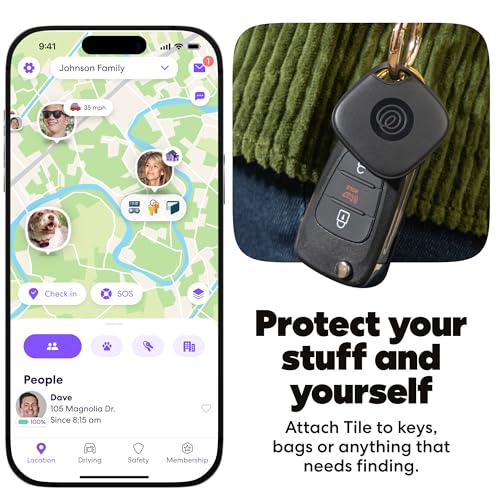 Smart tracking device with app on smartphone screen, text 'Protect your stuff and yourself'.