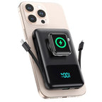 Phone with a power bank and wireless charging pad on a white background