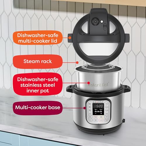 Instant Pot multi-cooker with labeled parts on a kitchen counter