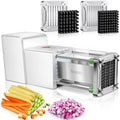Sopito vegetable chopper with various cutting attachments and sliced vegetables on a white background