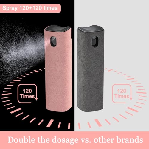 Two spray bottles, one pink and one gray, with text indicating 120 times spray usage on a black and white background.