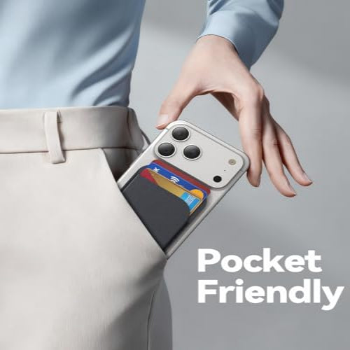 Hand holding a smartphone with a card holder attached, on a gray background with 'Pocket Friendly' text.