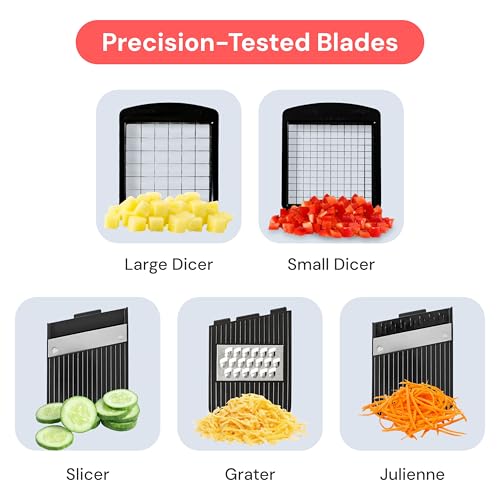 Set of precision-tested blades for various kitchen tasks including dicing, slicing, grating, and julienning.