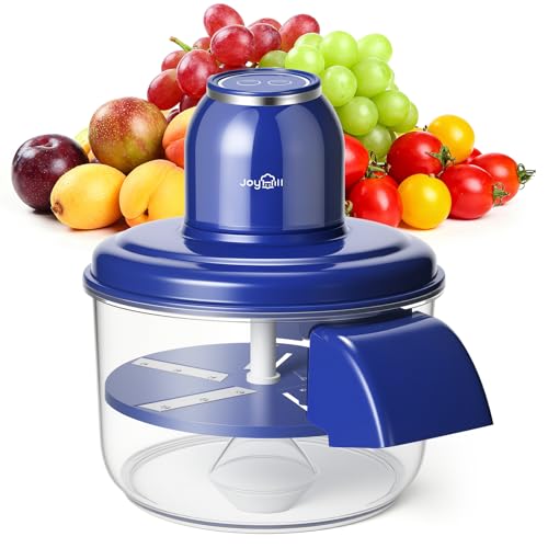 Blue and clear manual juicer with fruits in the background