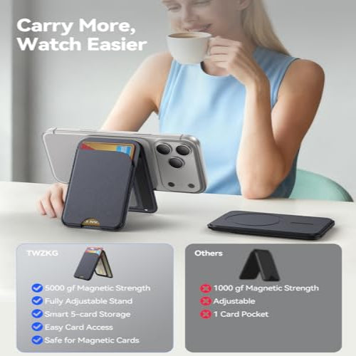 Woman holding a phone with a case, surrounded by phone cases and cards, with text about magnetic strength and features.