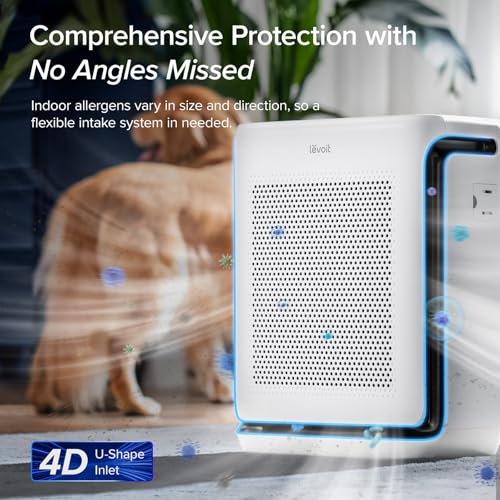 Air purifier with a dog in the background, emphasizing comprehensive protection against indoor allergens.