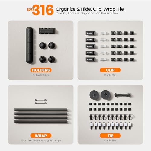 Set of cable management tools including holders, clips, wraps, and ties on a white background.