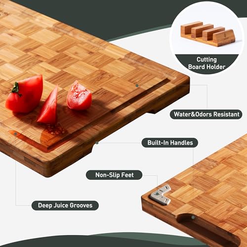 Wooden cutting board with tomatoes and features highlighted on a white background