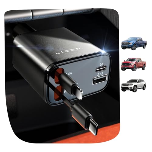 Car charger with USB ports on a black background, featuring the brand 'Lisen'.