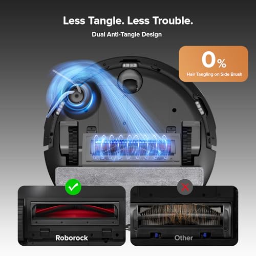 Roborock robot vacuum cleaner with hair removal feature and comparison to 'Andere' brand on a gray background.