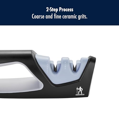 Knife sharpener with coarse and fine ceramic grits on a white background, featuring Henckels logo.
