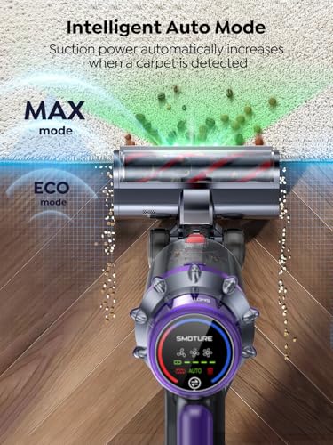 Vacuum cleaner with MAX and ECO mode text on a wooden floor background