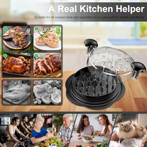 Stackable metal trays with a lid on a wooden surface, surrounded by images of cooked meats and vegetables, and people enjoying meals.