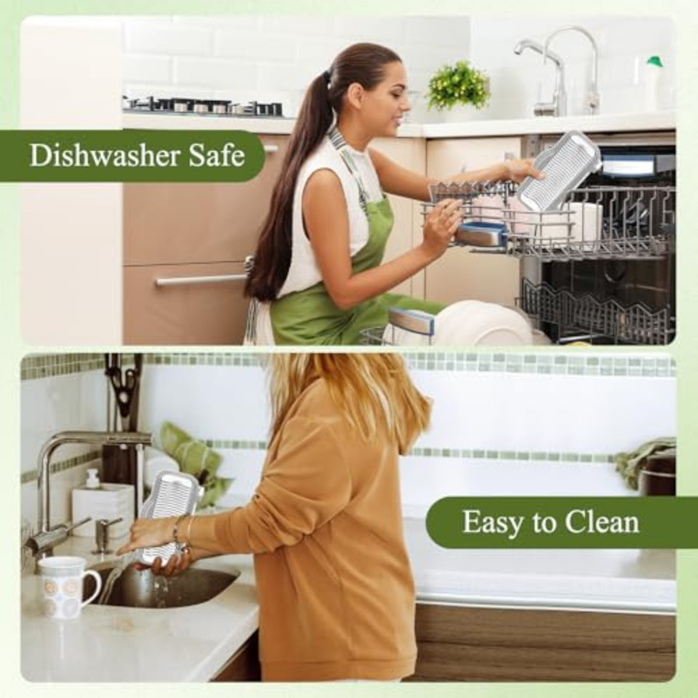 Woman using a dishwasher and washing dishes by hand with text 'Dishwasher Safe' and 'Easy to Clean'.
