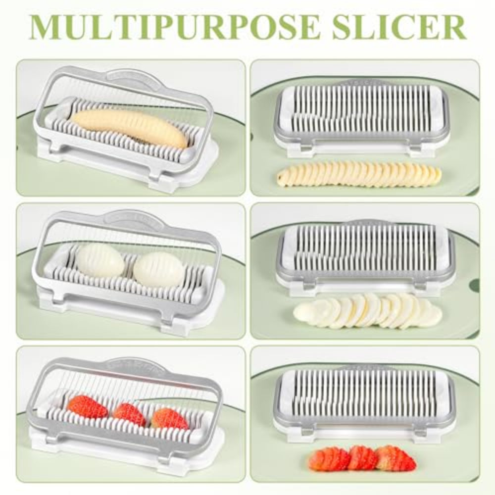 Multipurpose slicer with various cutting attachments on a green background