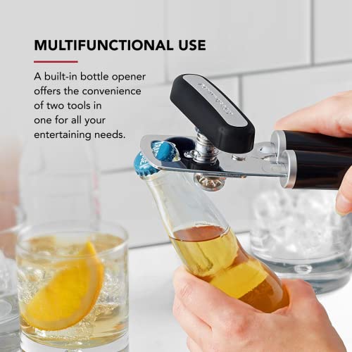 Multifunctional bottle opener being used on a bottle with a glass of lemonade in the background.
