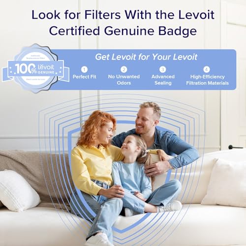 Family sitting on a couch with text about Levoit filters