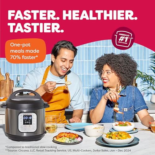 Two people enjoying a meal together with an Instant Pot, set against a kitchen background.