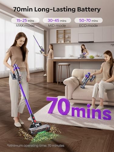 Woman using a cordless vacuum cleaner in a modern kitchen and living room, with text highlighting battery life.
