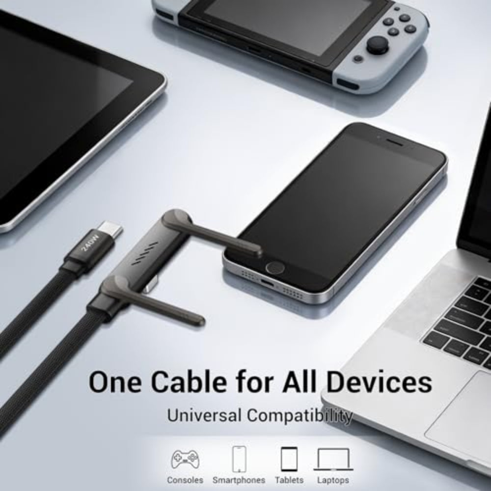 Universal cable adapter with smartphone, tablet, and laptop on a light gray background