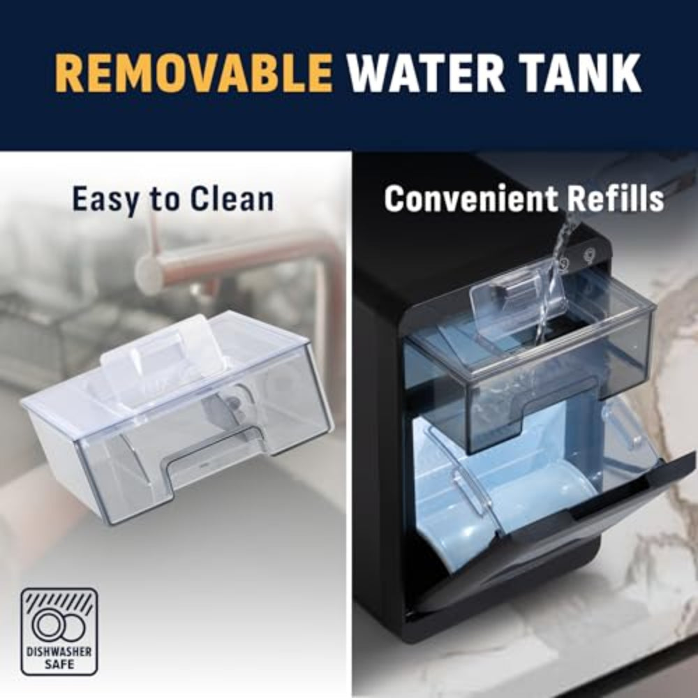 Removable water tank with text highlighting ease of cleaning and convenient refills, on a kitchen counter.
