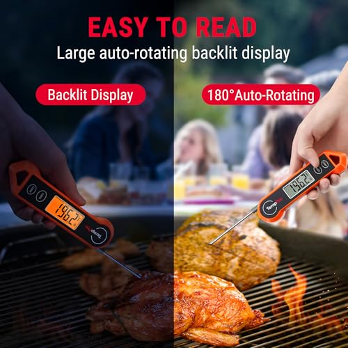 Digital thermometer being used on a grill with text highlighting features like 'Easy to Read' and '180° Auto-Rotating'.