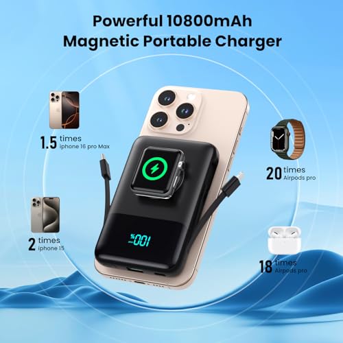 Portable charger with smartphone, watch, and earbuds on a blue background