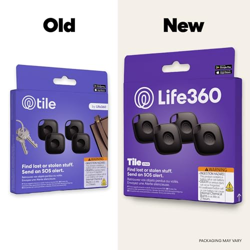 Comparison of Tile and Life360 packaging on a white background