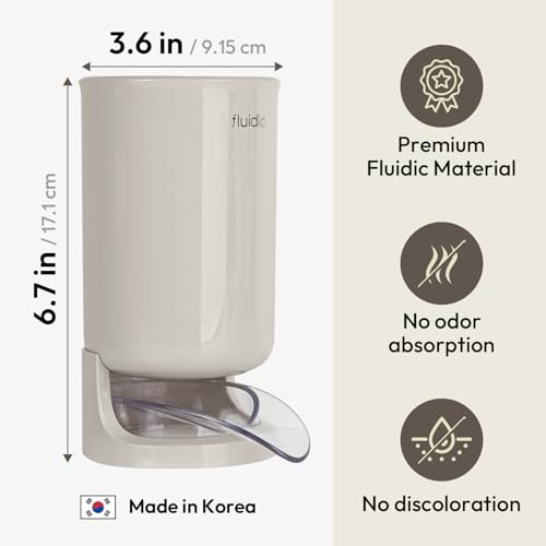 White container with measurements and features on a beige background