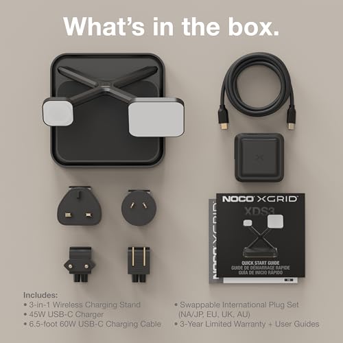 NOCO XGrid product set with charging stand, USB-C charger, cable, and plug set on a beige background.