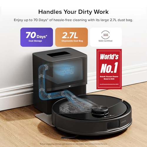 Robotic vacuum cleaner on a wooden floor with text highlighting features and certification.