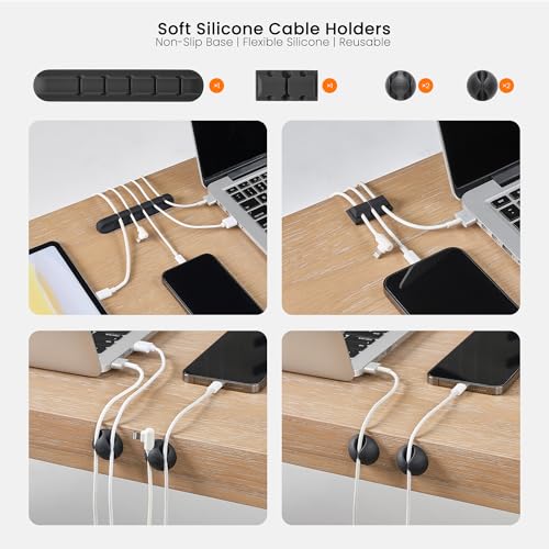 Soft silicone cable holders on a desk with electronic devices.