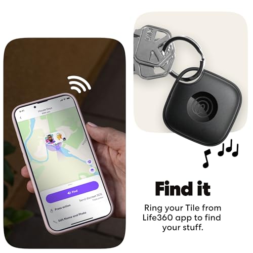 Smart keychain device with app on phone showing location, 'Find it' text, and music notes.