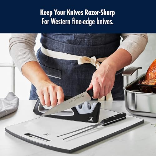 Person using a knife sharpener with text about keeping knives razor-sharp.