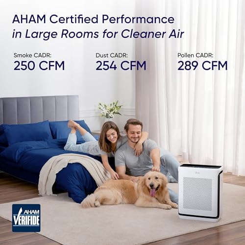 Air purifier advertisement with a couple and dog in a bedroom, featuring AHAM certification.