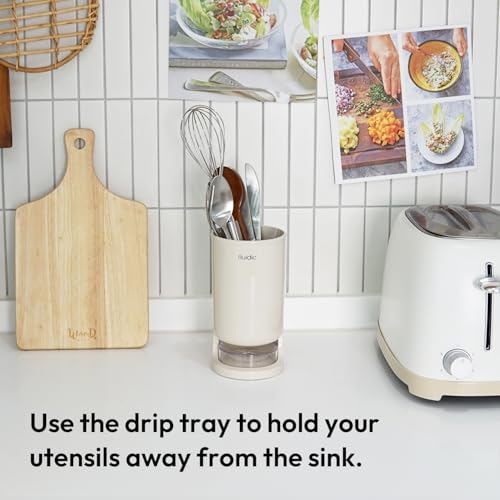 Kitchen counter with utensil holder, cutting board, and toaster with text 'Use the drip tray to hold your utensils away from the sink'.