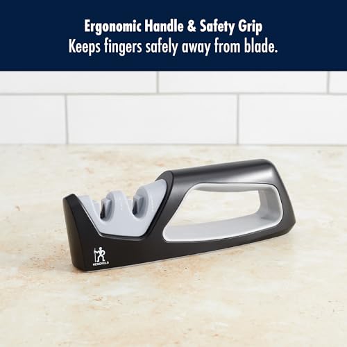 Knife sharpener with ergonomic handle and safety grip on a countertop