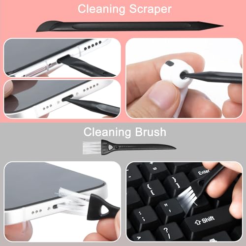 Cleaning scraper and brush set with usage examples on a pink background