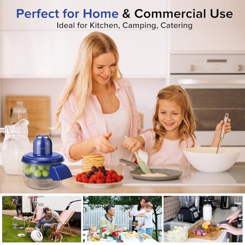 Woman and child preparing food in a kitchen with text 'Perfect for Home & Commercial Use' and 'Ideal for Kitchen, Camping, Catering'.