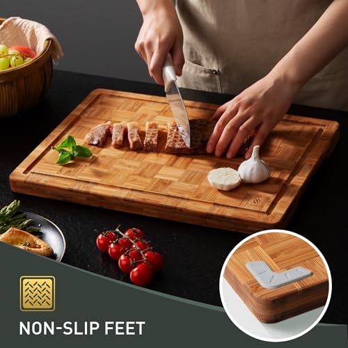 Person cutting food on a wooden cutting board with non-slip feet feature highlighted.