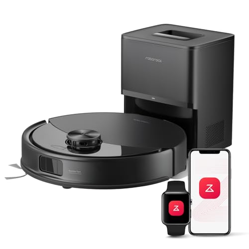Roborock robot vacuum cleaner with charging station, smartphone, and smartwatch on a white background