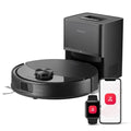 Roborock robot vacuum cleaner with charging station, smartphone, and smartwatch on a white background